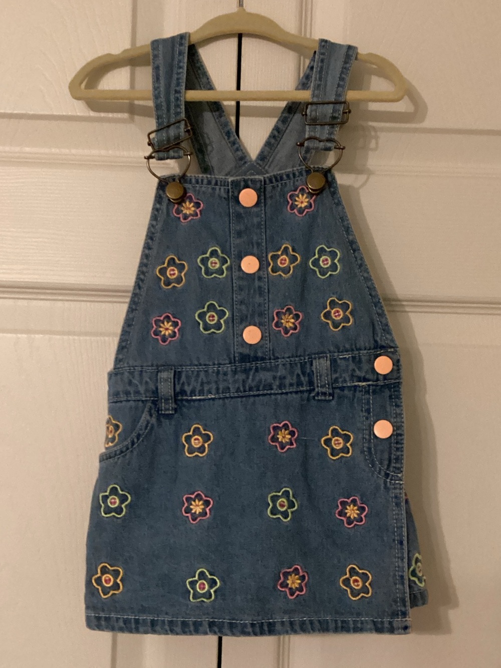 Girls' Jean Floral Embroidered Overall Dress With Shorts Underneath Size 3T